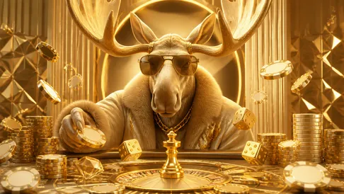 Luxurious casino-themed banner featuring floating poker chips with a moose motif, glowing dice, and a roulette wheel against